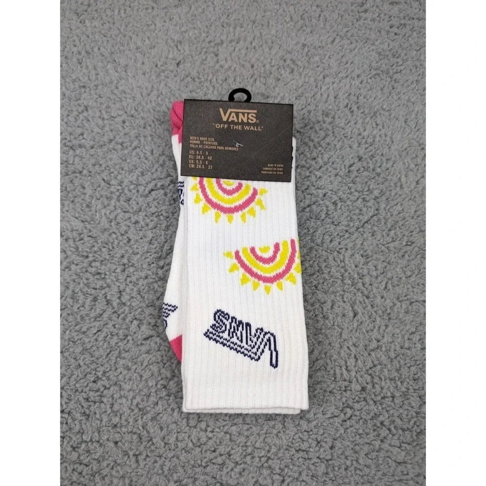 Vans Crew Socks Mens Womens 6.5-9 White Pink Rainbow Sunshine All Over Print New